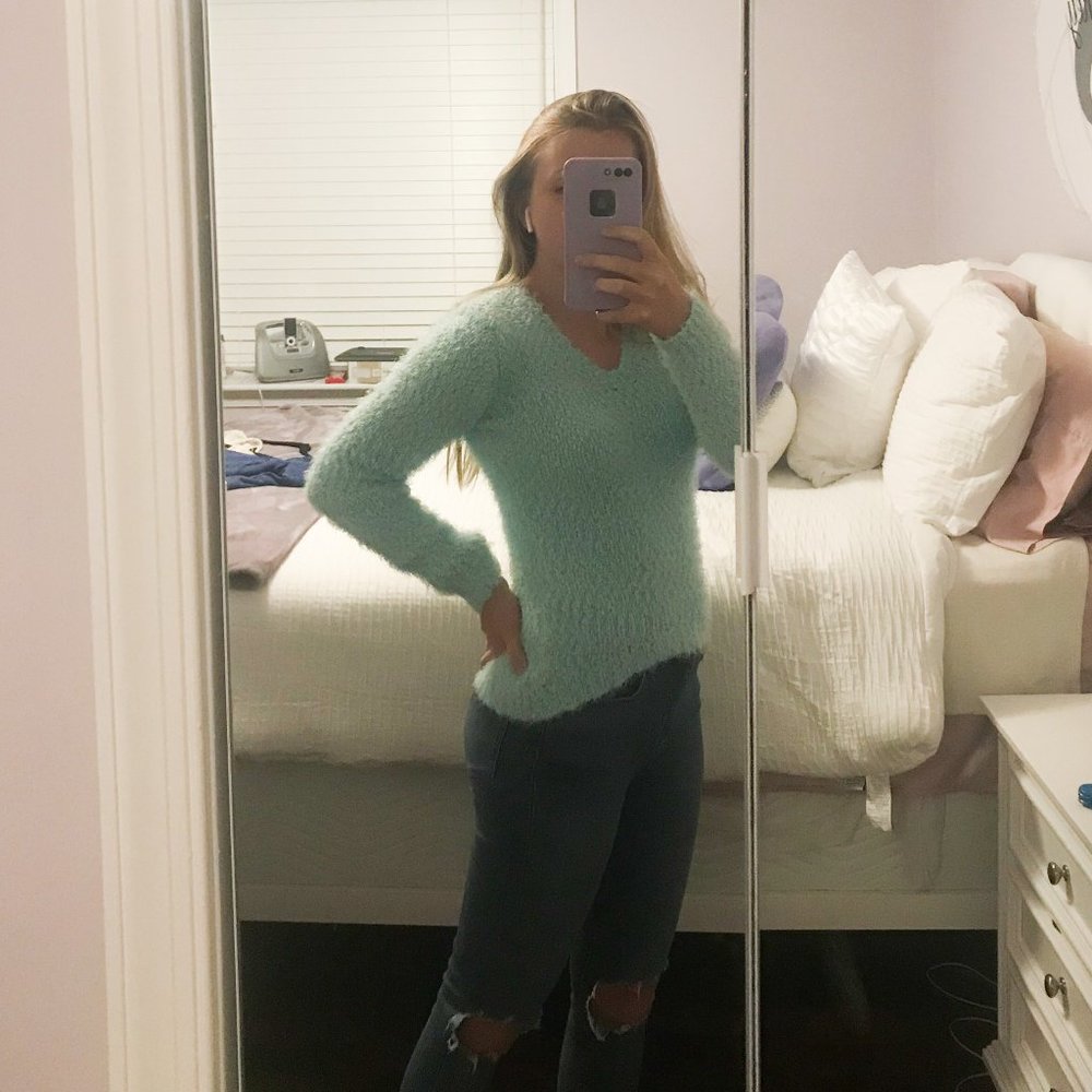 Fluffy Teal V-Neck Sweater